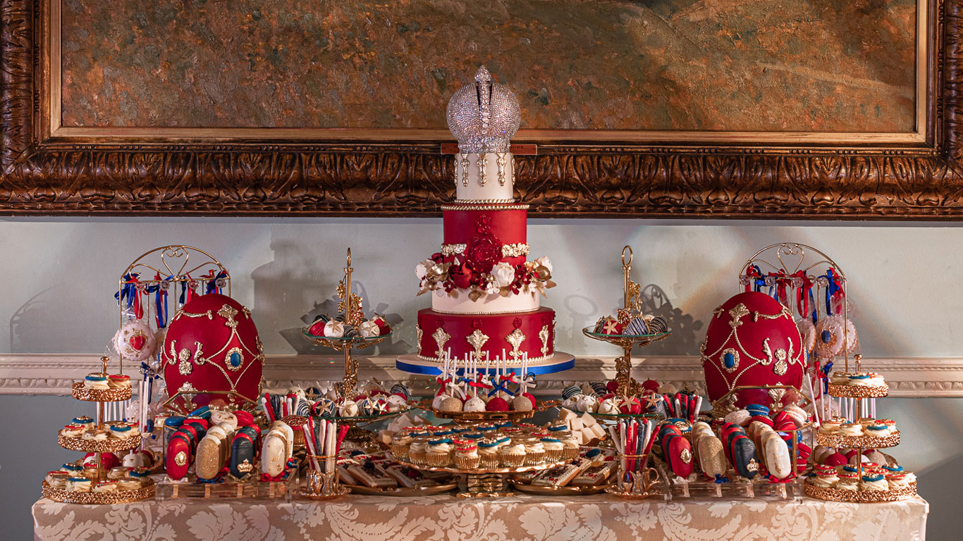 An ornate Indulgence Bar® dessert table at Dartmouth House, Mayfair for Catherine The Great's after party.