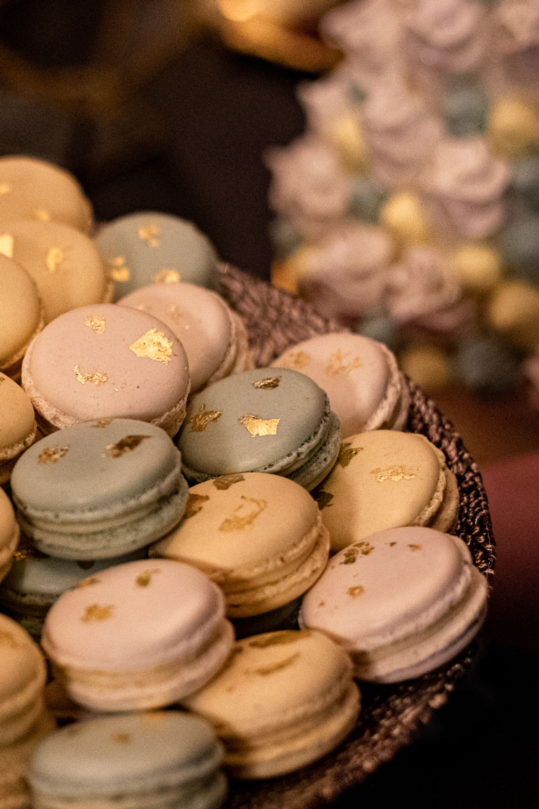 pastel macarons at palm court, kimpton kitzroy painted with gold leaf